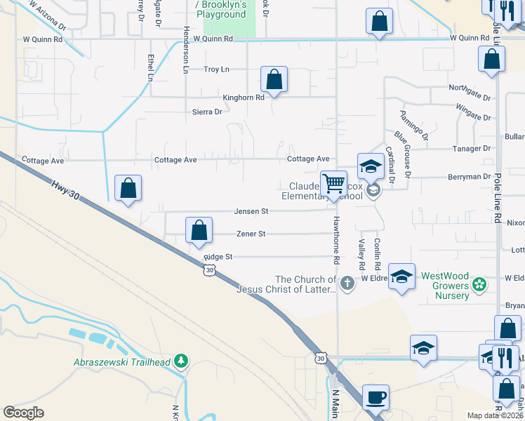 map of restaurants, bars, coffee shops, grocery stores, and more near 1373 Jensen Street in Pocatello