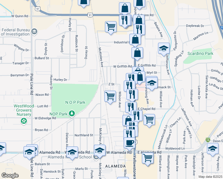 map of restaurants, bars, coffee shops, grocery stores, and more near 1261 Wilson Avenue in Pocatello