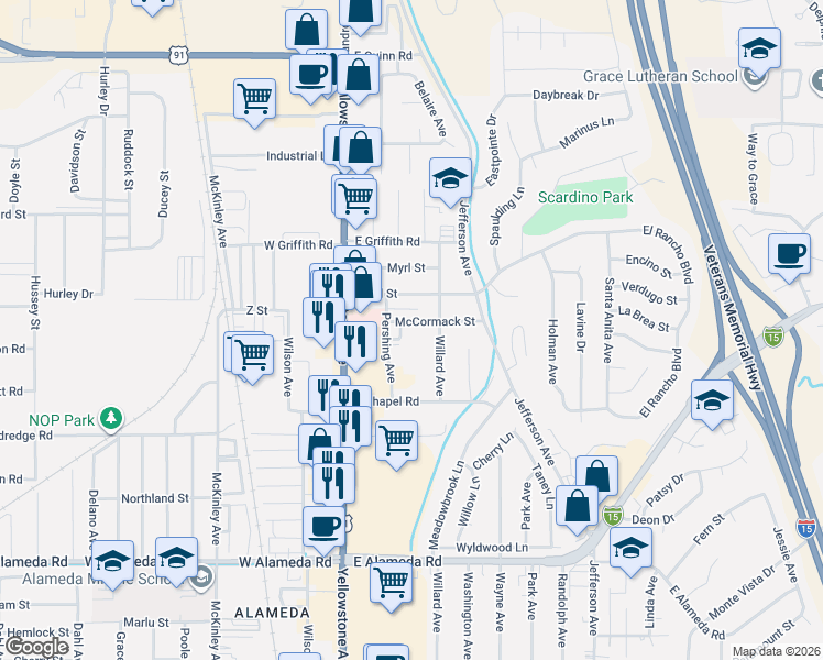 map of restaurants, bars, coffee shops, grocery stores, and more near 290 McCormack Street in Pocatello