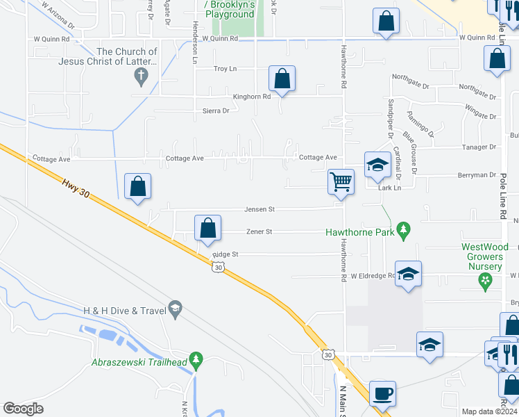 map of restaurants, bars, coffee shops, grocery stores, and more near 1430 Jensen Street in Pocatello