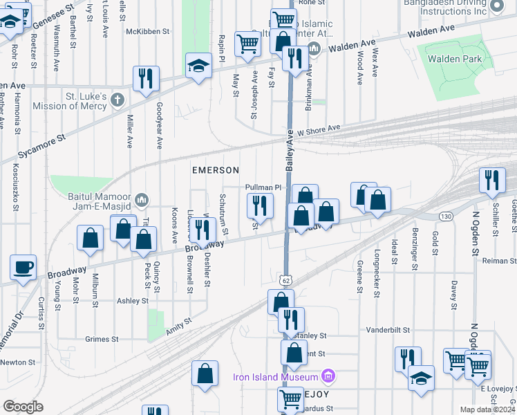 map of restaurants, bars, coffee shops, grocery stores, and more near 61 Shepard Street in Buffalo