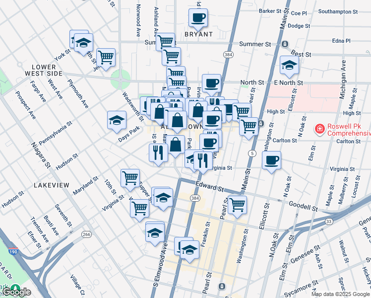 map of restaurants, bars, coffee shops, grocery stores, and more near 58 Park Street in Buffalo