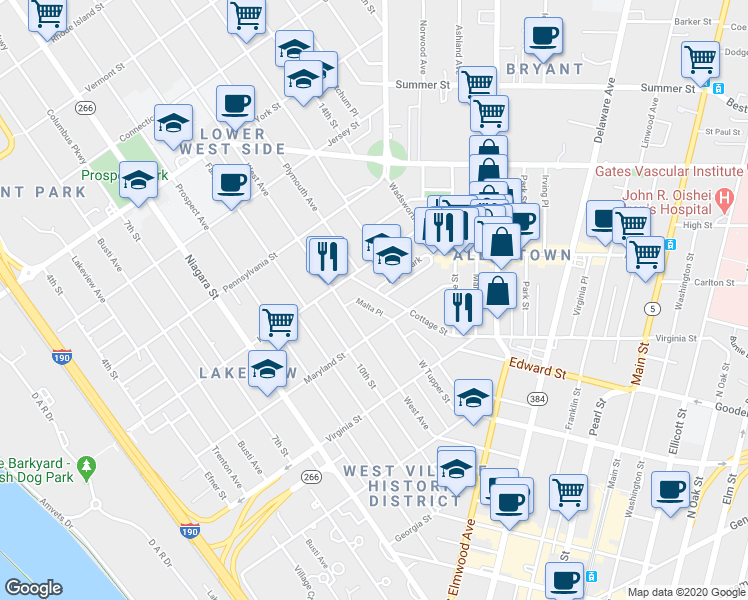 map of restaurants, bars, coffee shops, grocery stores, and more near 40 Days Park in Buffalo