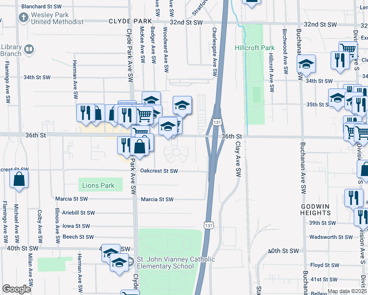 map of restaurants, bars, coffee shops, grocery stores, and more near 540 36th Street in Wyoming