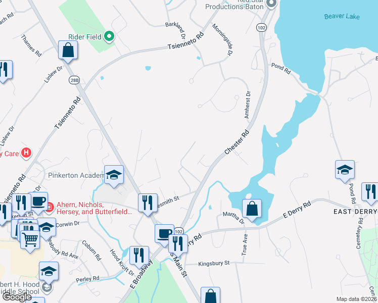 map of restaurants, bars, coffee shops, grocery stores, and more near 4 Pembroke Drive in Derry