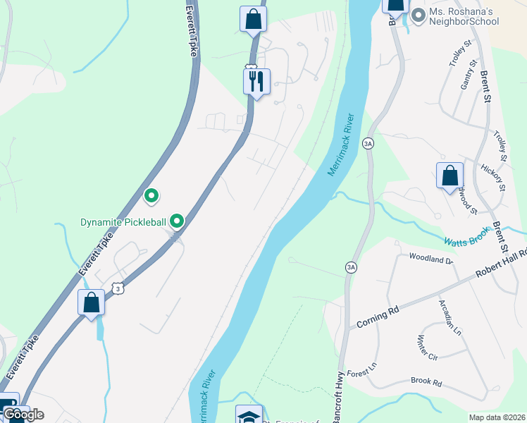 map of restaurants, bars, coffee shops, grocery stores, and more near 20 Middlesex Road in Merrimack
