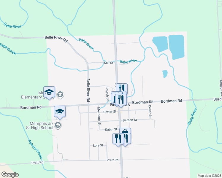 map of restaurants, bars, coffee shops, grocery stores, and more near 34825 East Maple Street in Memphis