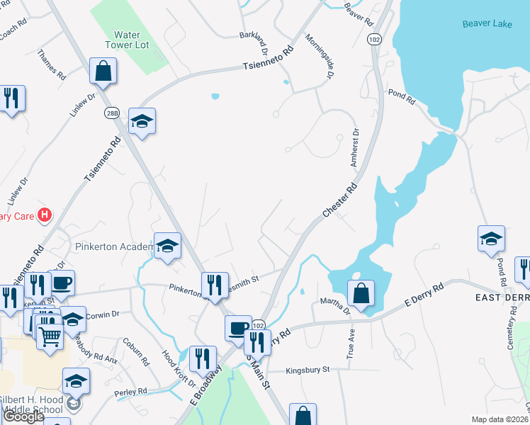 map of restaurants, bars, coffee shops, grocery stores, and more near 2 Pembroke Drive in Derry