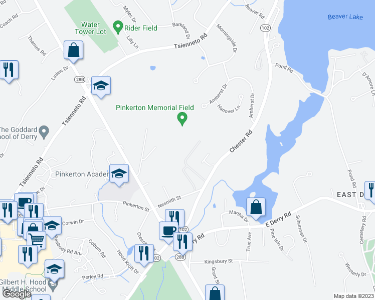 map of restaurants, bars, coffee shops, grocery stores, and more near 2 Pembroke Drive in Derry