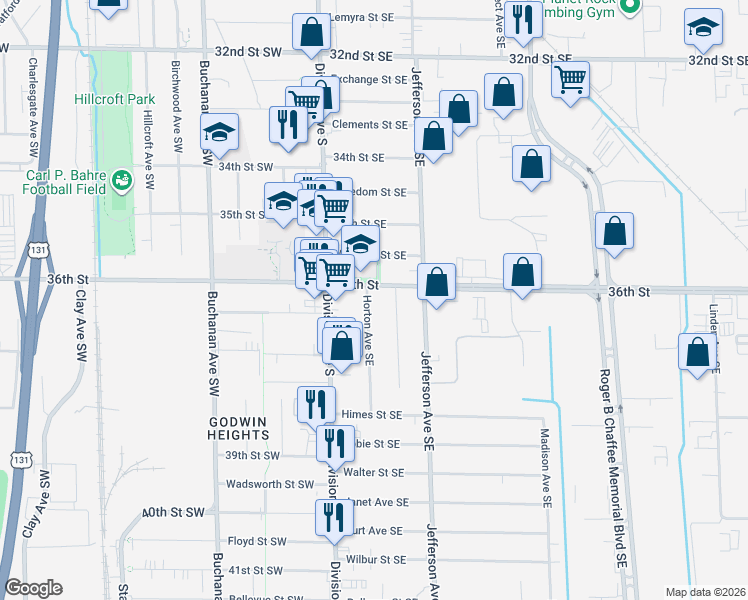 map of restaurants, bars, coffee shops, grocery stores, and more near 60 36th Street in Wyoming