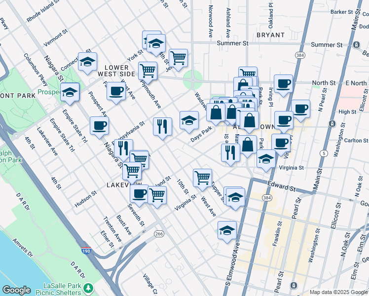 map of restaurants, bars, coffee shops, grocery stores, and more near 40 Days Park in Buffalo