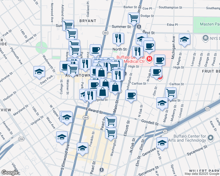 map of restaurants, bars, coffee shops, grocery stores, and more near 58 North Pearl Street in Buffalo