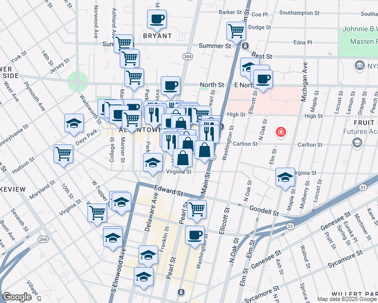 map of restaurants, bars, coffee shops, grocery stores, and more near 464 Franklin Street in Buffalo