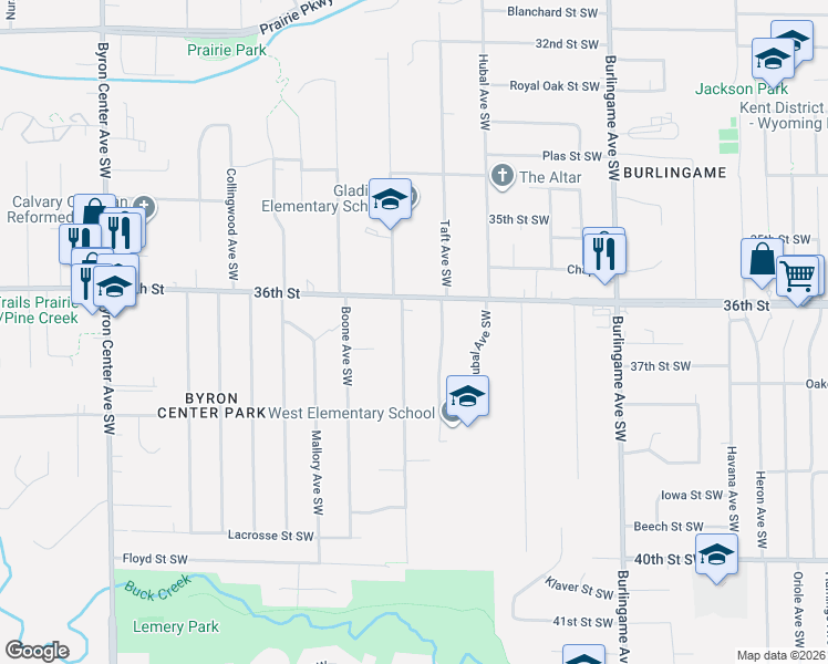 map of restaurants, bars, coffee shops, grocery stores, and more near 3618 Groveland Avenue Southwest in Wyoming