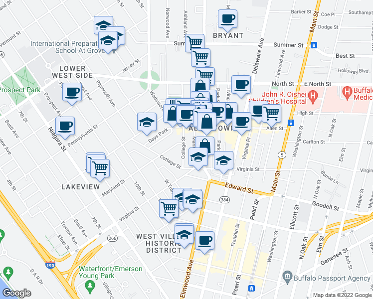 map of restaurants, bars, coffee shops, grocery stores, and more near 41 College Street in Buffalo