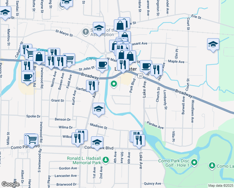 map of restaurants, bars, coffee shops, grocery stores, and more near 33 Legion Parkway in Lancaster