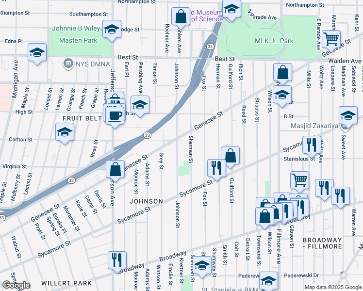 map of restaurants, bars, coffee shops, grocery stores, and more near 544 Sherman Street in Buffalo