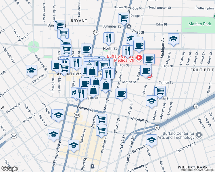map of restaurants, bars, coffee shops, grocery stores, and more near in Buffalo