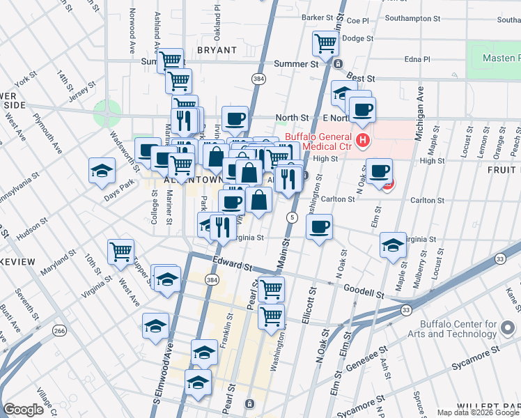 map of restaurants, bars, coffee shops, grocery stores, and more near 464 Franklin Street in Buffalo
