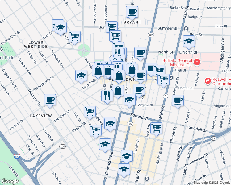 map of restaurants, bars, coffee shops, grocery stores, and more near 56 Elmwood Avenue in Buffalo