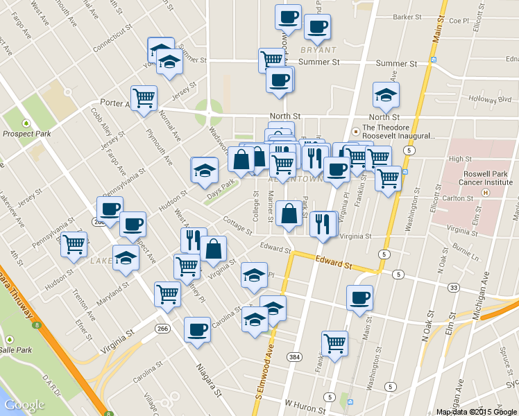 map of restaurants, bars, coffee shops, grocery stores, and more near 60 College Street in Buffalo