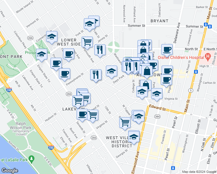 map of restaurants, bars, coffee shops, grocery stores, and more near 40 Days Park in Buffalo