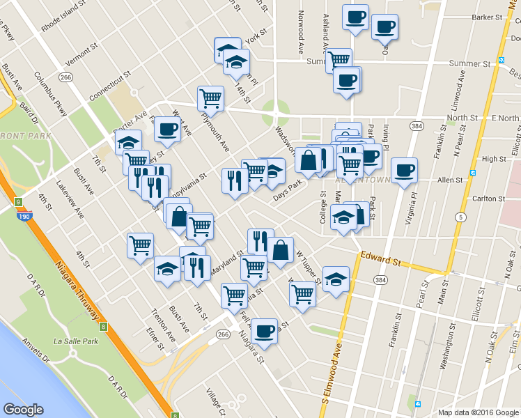map of restaurants, bars, coffee shops, grocery stores, and more near 269 Hudson Street in Buffalo