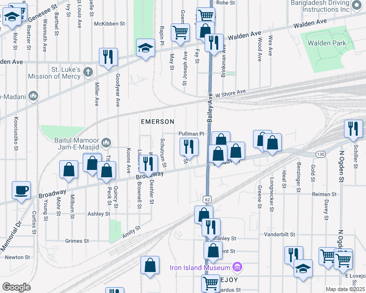 map of restaurants, bars, coffee shops, grocery stores, and more near 48 Shepard Street in Buffalo