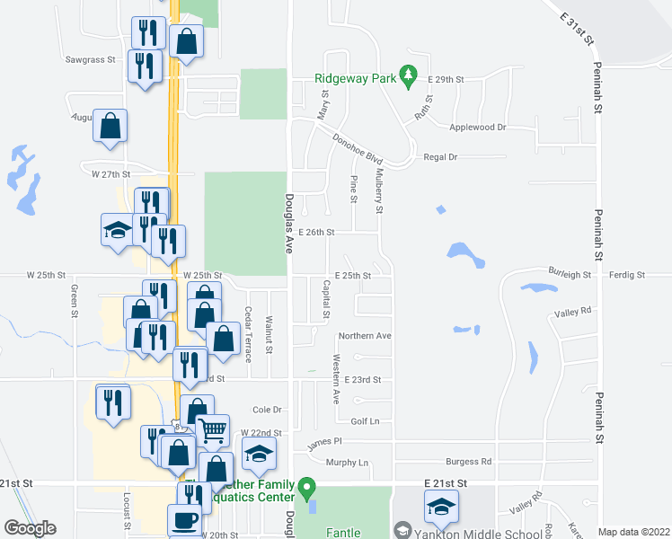 map of restaurants, bars, coffee shops, grocery stores, and more near 200 East 25th Street in Yankton