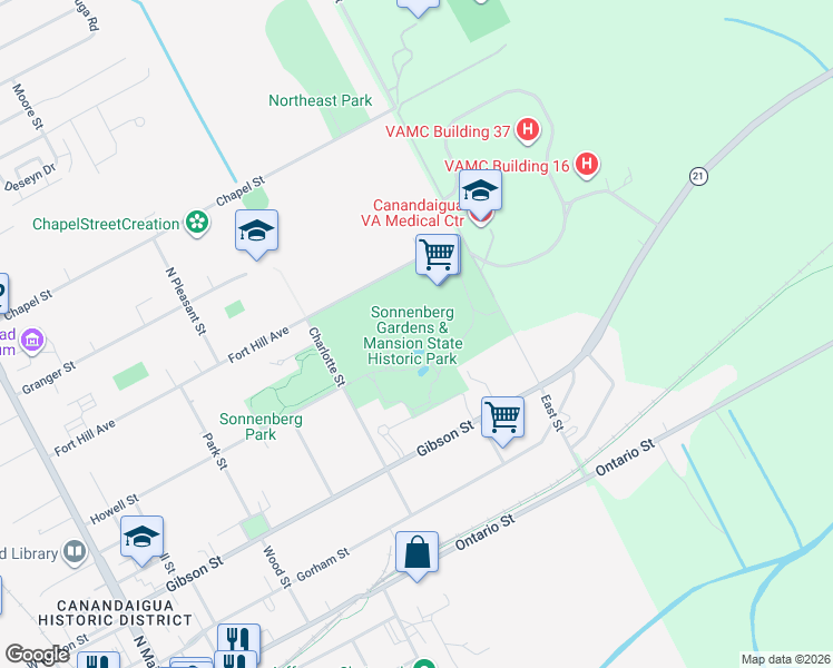 map of restaurants, bars, coffee shops, grocery stores, and more near 151 Charlotte Street in Canandaigua