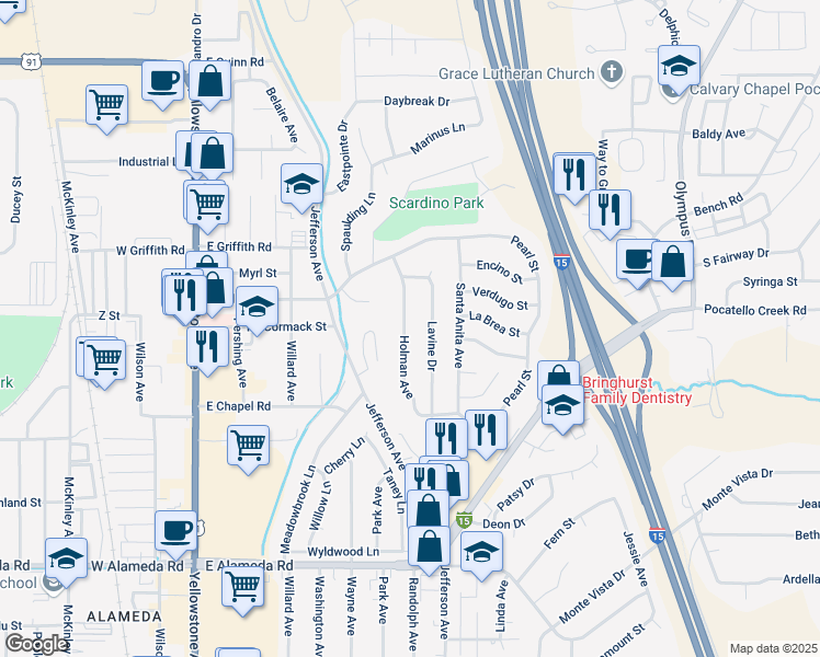 map of restaurants, bars, coffee shops, grocery stores, and more near 1256 Holman Avenue in Pocatello