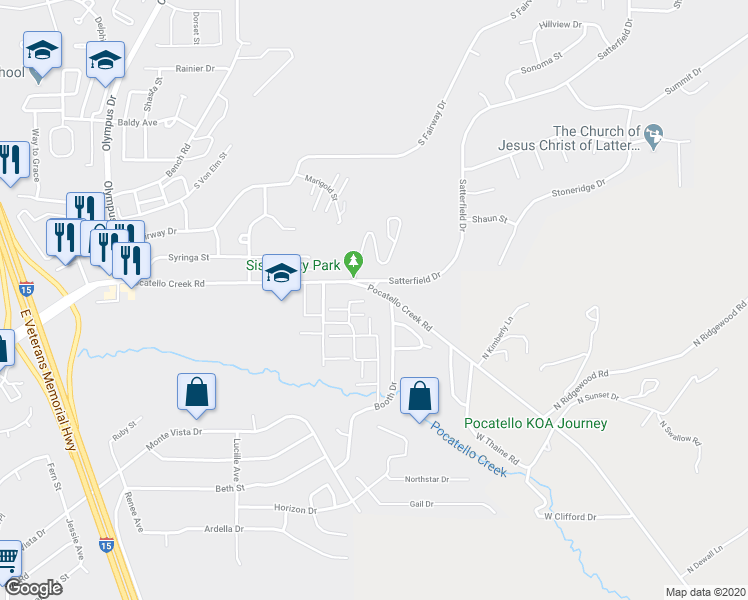 map of restaurants, bars, coffee shops, grocery stores, and more near 2225 Pocatello Creek Road in Pocatello