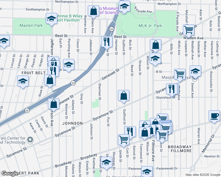 map of restaurants, bars, coffee shops, grocery stores, and more near 246 Fox Street in Buffalo