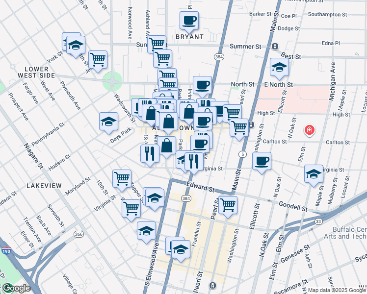 map of restaurants, bars, coffee shops, grocery stores, and more near 58 Park Street in Buffalo