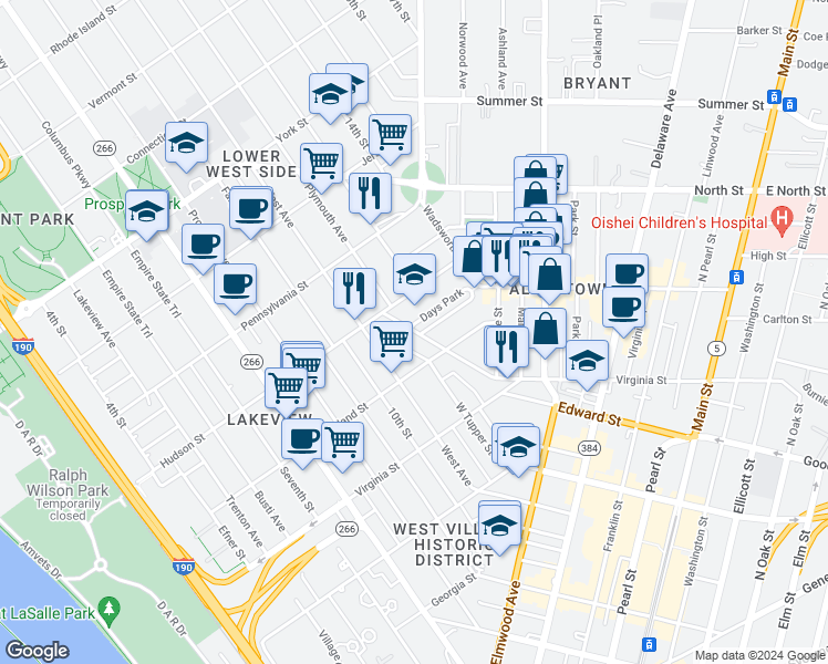 map of restaurants, bars, coffee shops, grocery stores, and more near 40 Days Park in Buffalo