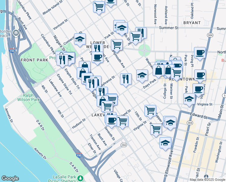 map of restaurants, bars, coffee shops, grocery stores, and more near 36 Fargo Avenue in Buffalo