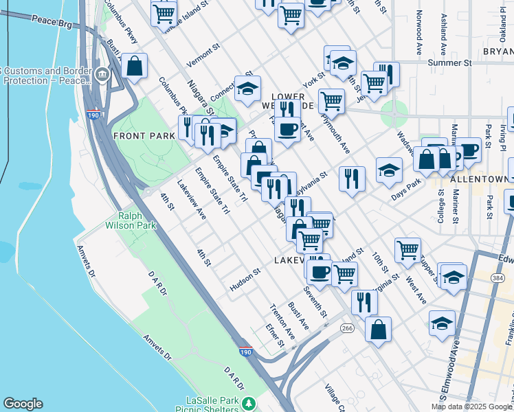 map of restaurants, bars, coffee shops, grocery stores, and more near 497 7th Street in Buffalo