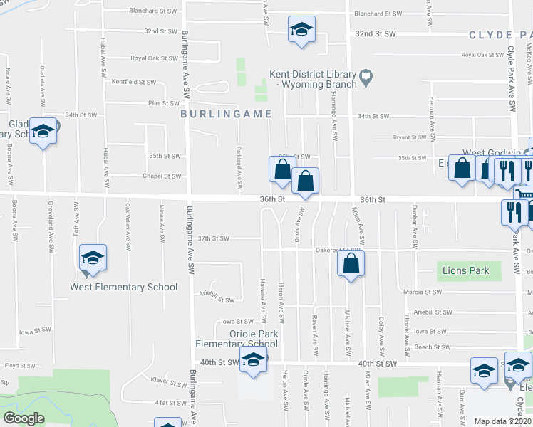 map of restaurants, bars, coffee shops, grocery stores, and more near 1396 36th Street in Wyoming