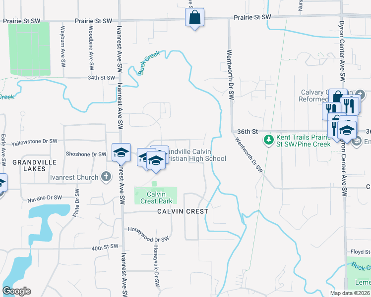 map of restaurants, bars, coffee shops, grocery stores, and more near 3634 Aspen Court Southwest in Grandville