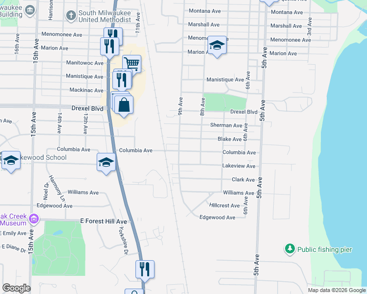 map of restaurants, bars, coffee shops, grocery stores, and more near 901 Blake Avenue in South Milwaukee