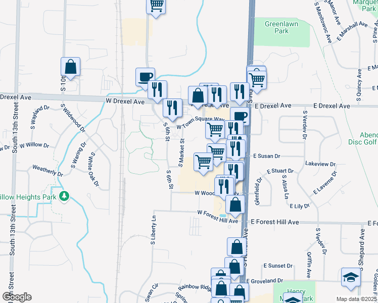 map of restaurants, bars, coffee shops, grocery stores, and more near 8000 South Market Street in Oak Creek