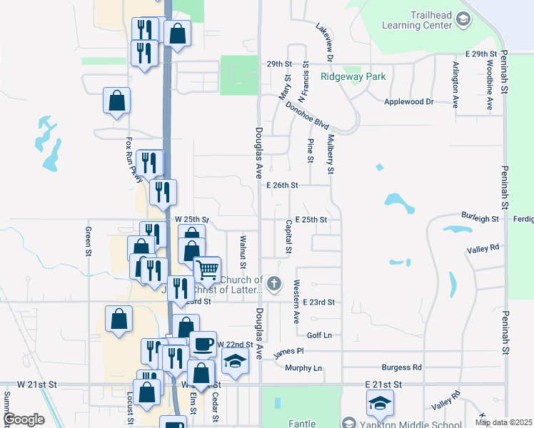 map of restaurants, bars, coffee shops, grocery stores, and more near 2502 Douglas Avenue in Yankton