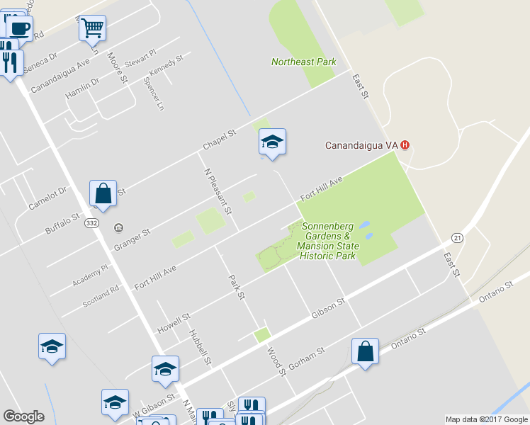 map of restaurants, bars, coffee shops, grocery stores, and more near 196 Fort Hill Avenue in Canandaigua