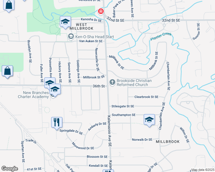 map of restaurants, bars, coffee shops, grocery stores, and more near Kalamazoo Avenue Southeast & 36th Street Southeast in Grand Rapids