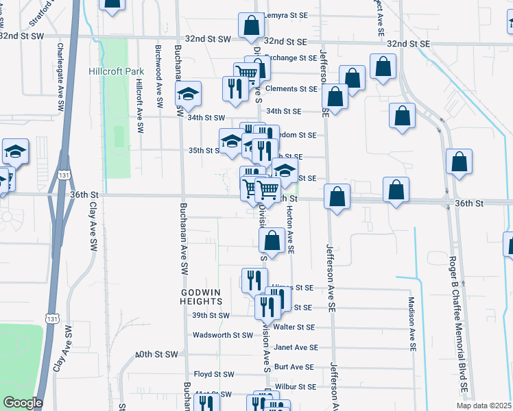 map of restaurants, bars, coffee shops, grocery stores, and more near 8 36th Street Southeast in Grand Rapids