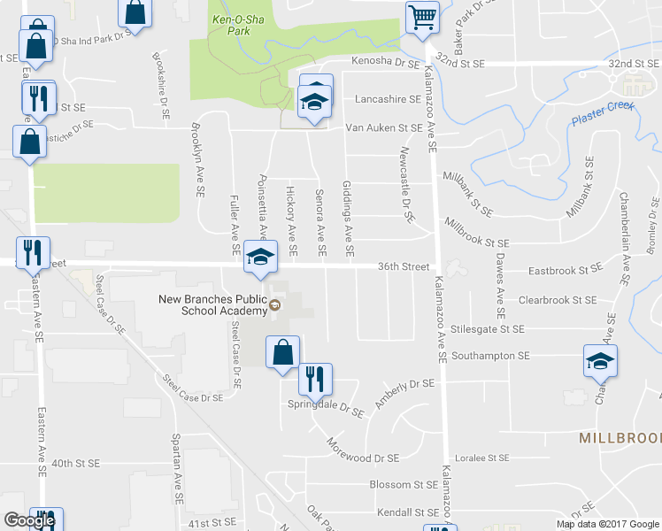 map of restaurants, bars, coffee shops, grocery stores, and more near 1367 36th Street in Grand Rapids
