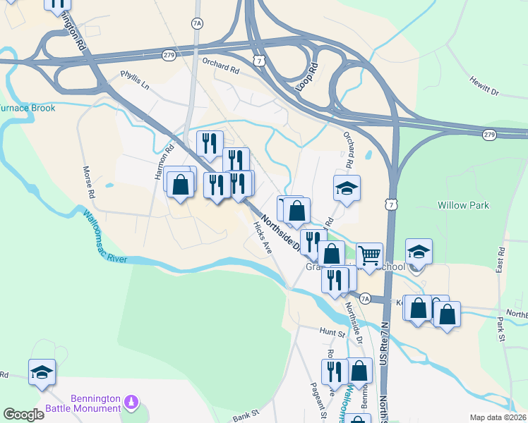 map of restaurants, bars, coffee shops, grocery stores, and more near 147 Northside Drive in Bennington County