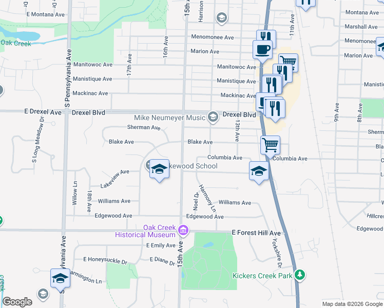 map of restaurants, bars, coffee shops, grocery stores, and more near 1420 Columbia Avenue in South Milwaukee