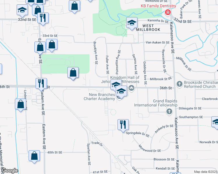 map of restaurants, bars, coffee shops, grocery stores, and more near 36th Street Southeast in Grand Rapids