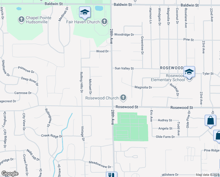 map of restaurants, bars, coffee shops, grocery stores, and more near 7201 28th Avenue in Hudsonville